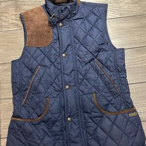 Polo Ralph Lauren  navy blue puffer vest with brown suede patch
